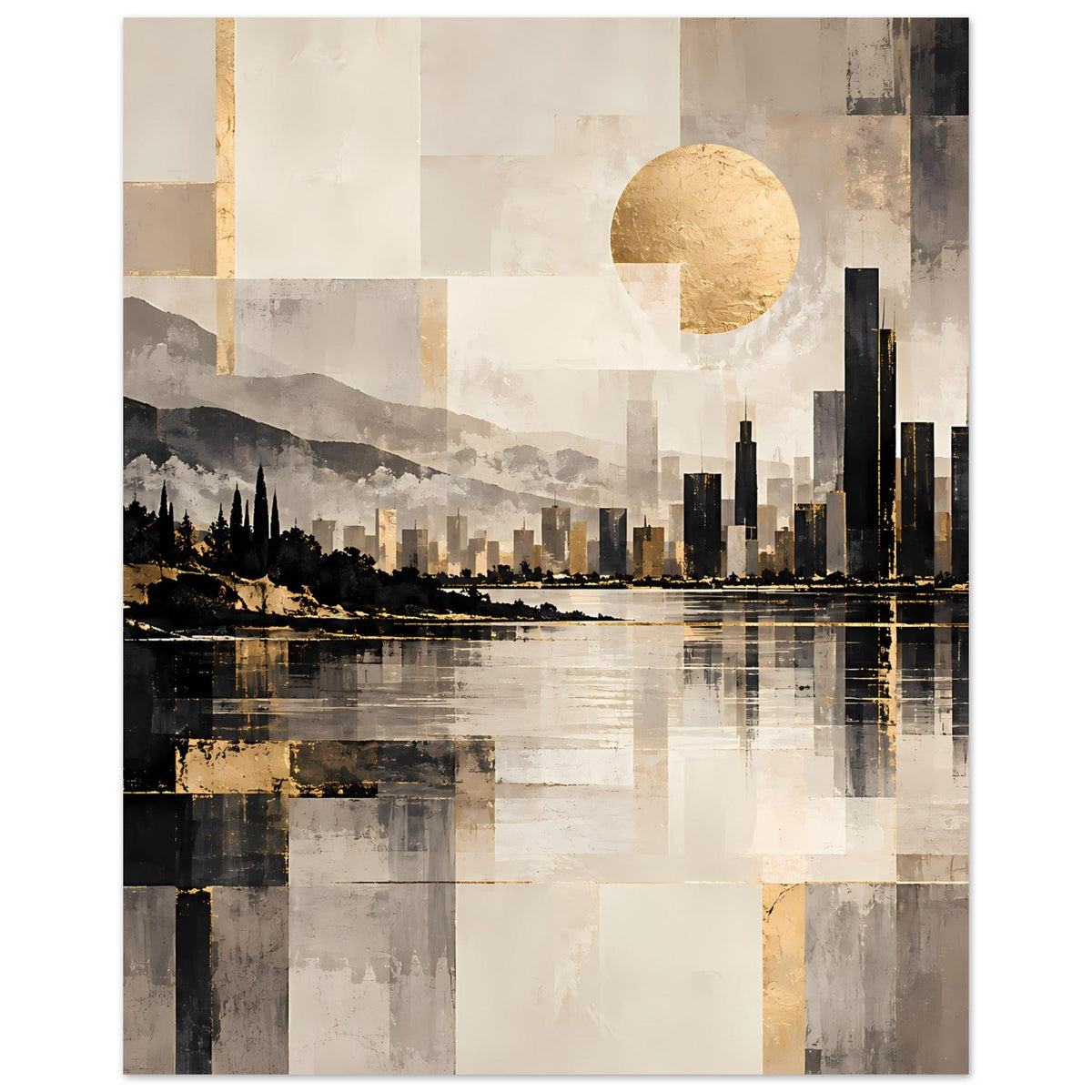 Stadtlandschaftsposter mit Skyline und goldenem Mond über dem Wasser, grau-schwarz mit Goldakzenten