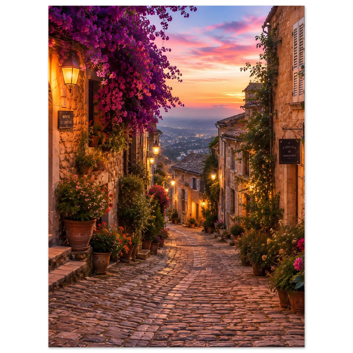 Romantisches Dorfstraßen-Poster: Abendliche Gasse mit warmen Lampen, lila Blüten am Straßenrand