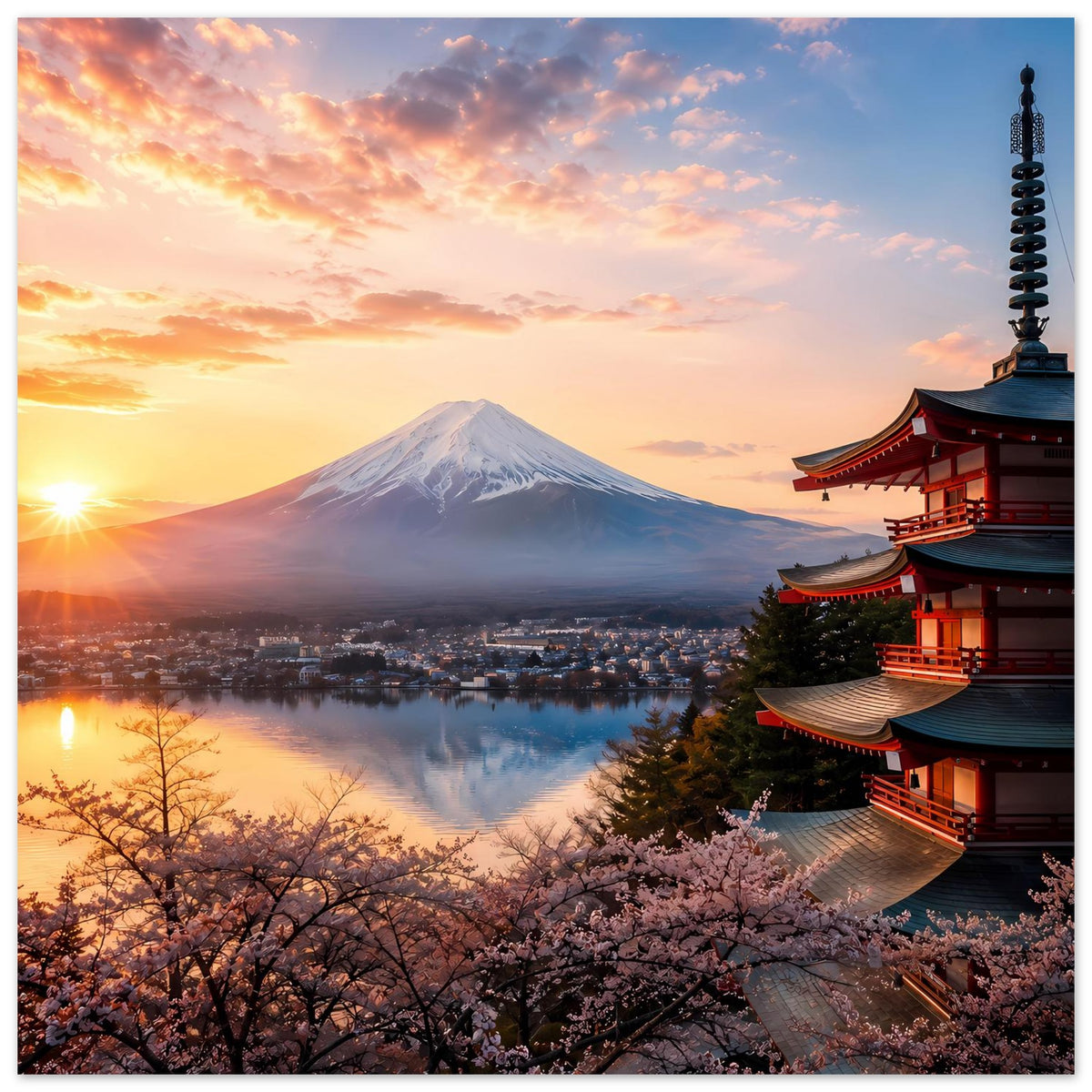 Japanisches Landschaftsposter mit Fuji, Kirschblüten und rotem Tempel am See im Abendlicht