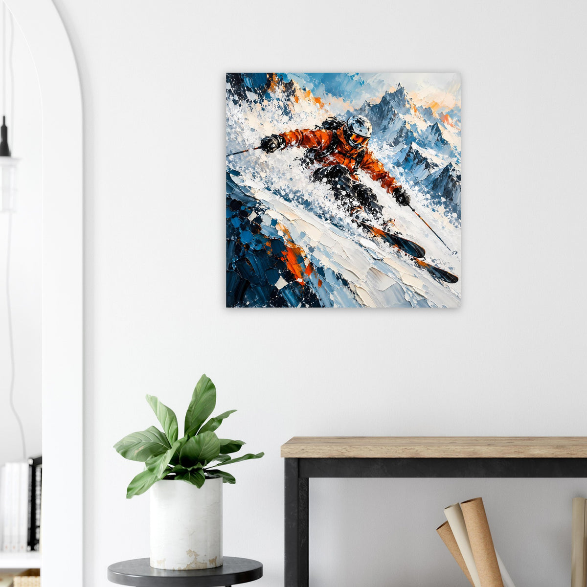 Quadratisches Winter-Sportposter mit Skifahrer in Orange auf schneebedeckter Abfahrt