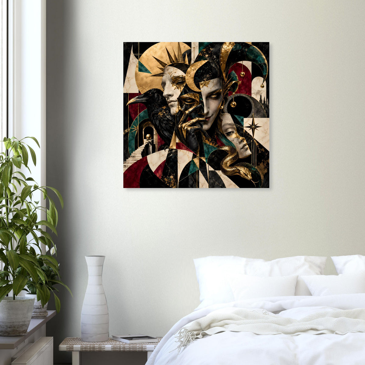 Kunstposter mit abstrakten Figuren und goldenen Elementen, quadratisch