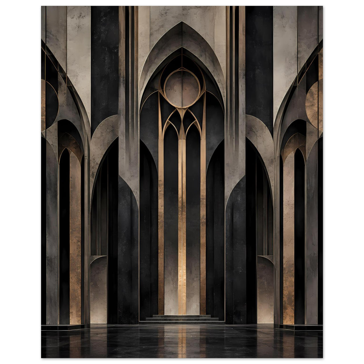 Gotisches Architekturposter: hohe Spitzbögen, Mittelhalle mit dunklem Bodenreflex
