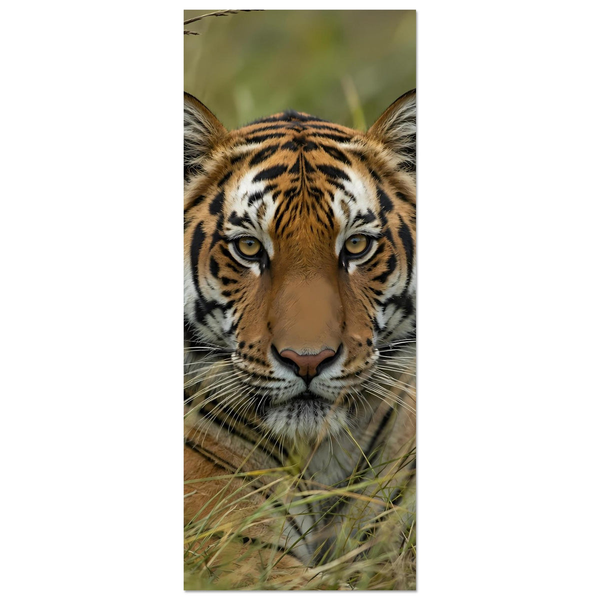 Wildtier-Poster (schmal): Tiger im Gras, stark zugeschnitten auf Kopf und Augen