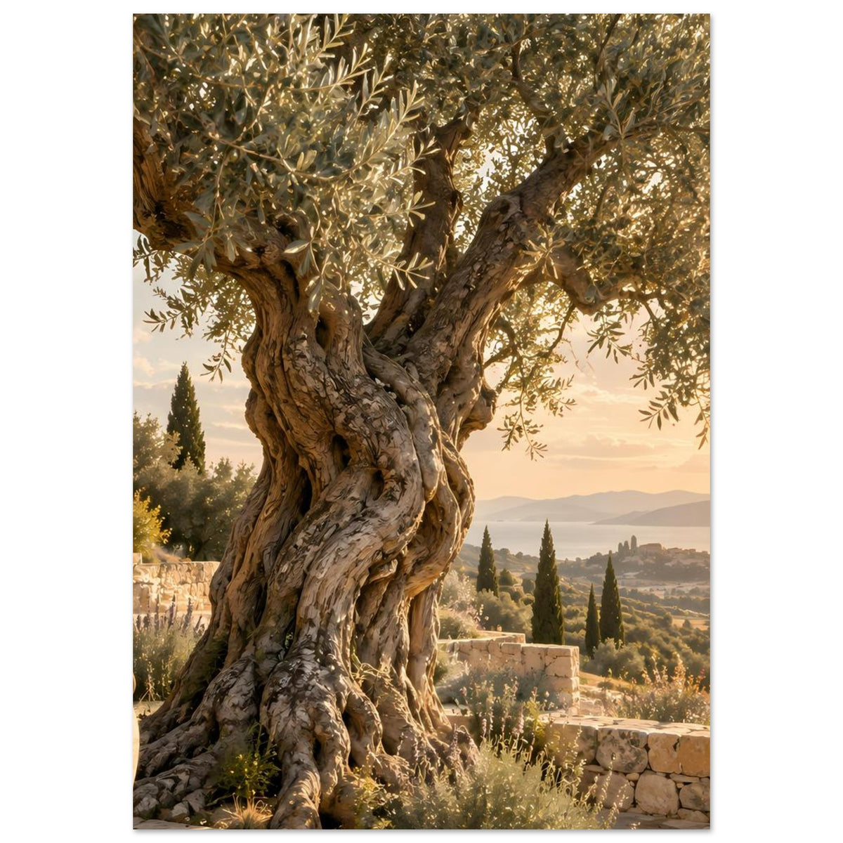 Hochformat-Poster: knorriger Olivenbaumstamm mit Laub und mediterraner Landschaft im Hintergrund
