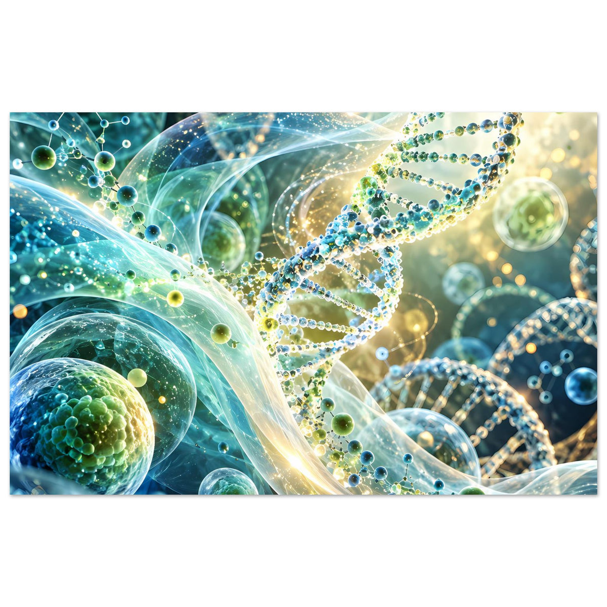 Breites Biotechnologie-Poster mit DNA-Doppelhelix, blauen und grünen Partikeln, klaren Spiralen