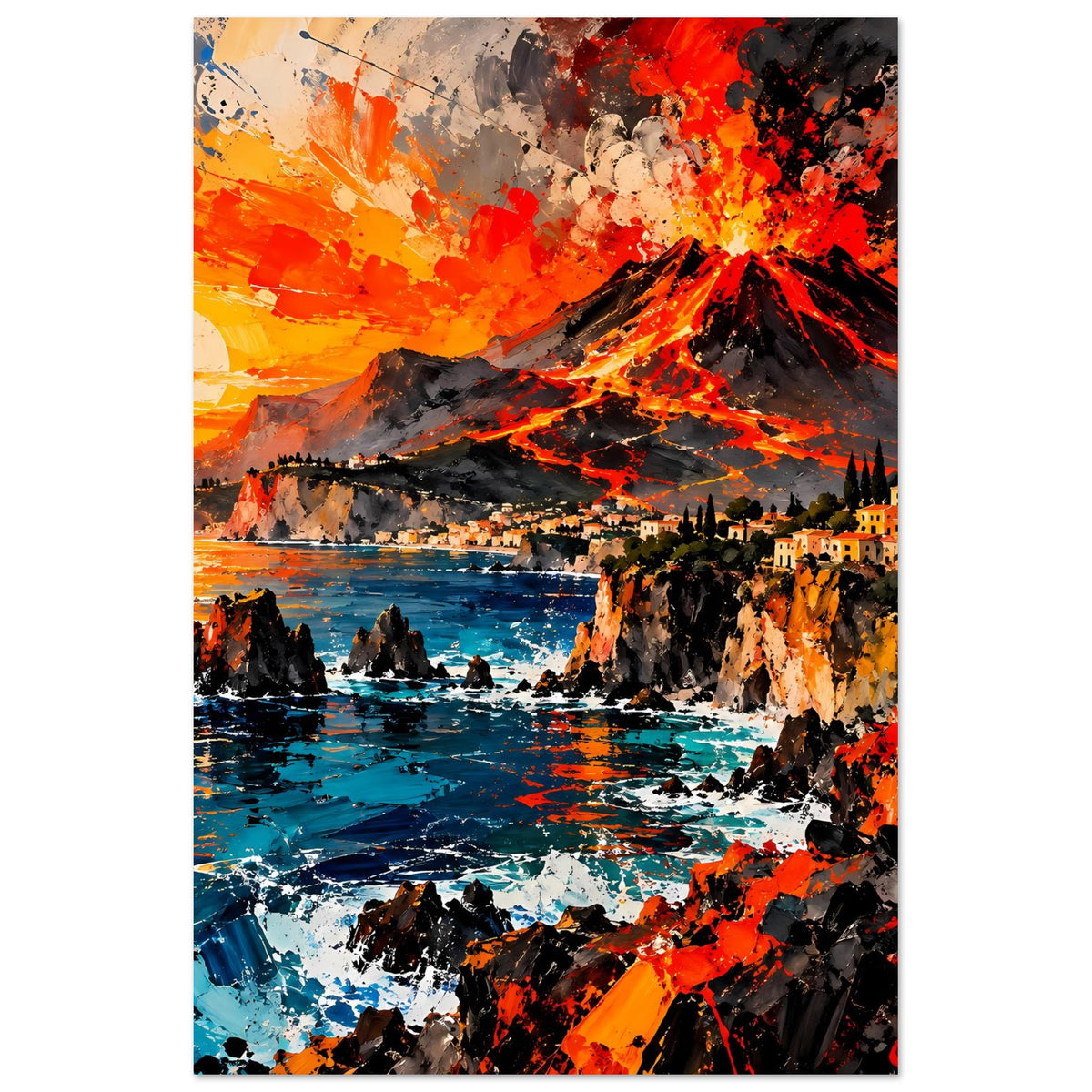 Poster im Hochformat mit Vulkan, Lavaflüssen, Meerfläche und Küstenhäusern