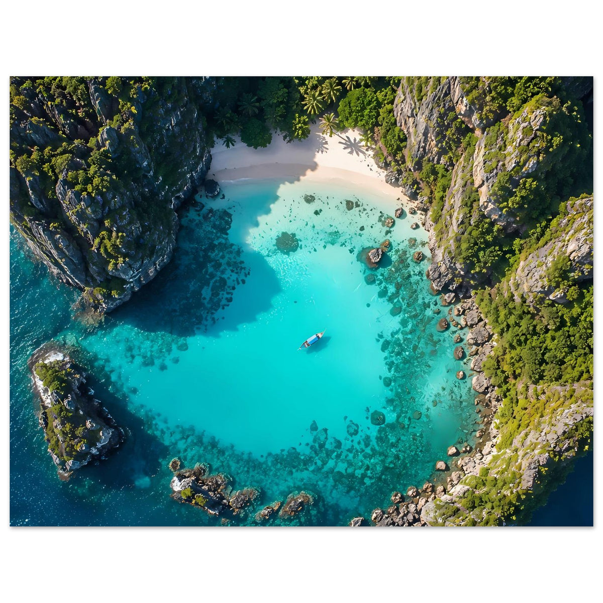 Poster mit Lagune: türkisblaues Wasser, grüne Küste, Felsen und Boot