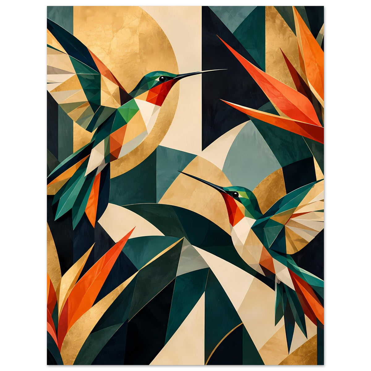 Vertikales Kunstposter: zwei Kolibris aus geometrischen Formen in kräftigen Juwel-Tönen