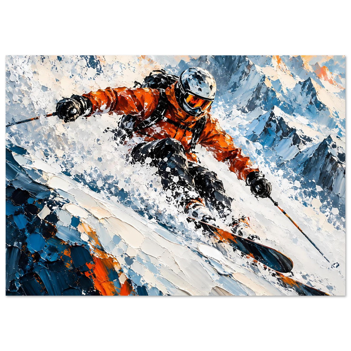 Wintersport-Poster: Skifahrer in Orange auf Ski, fliegende Schneespritzer, Bergkulisse in Blau