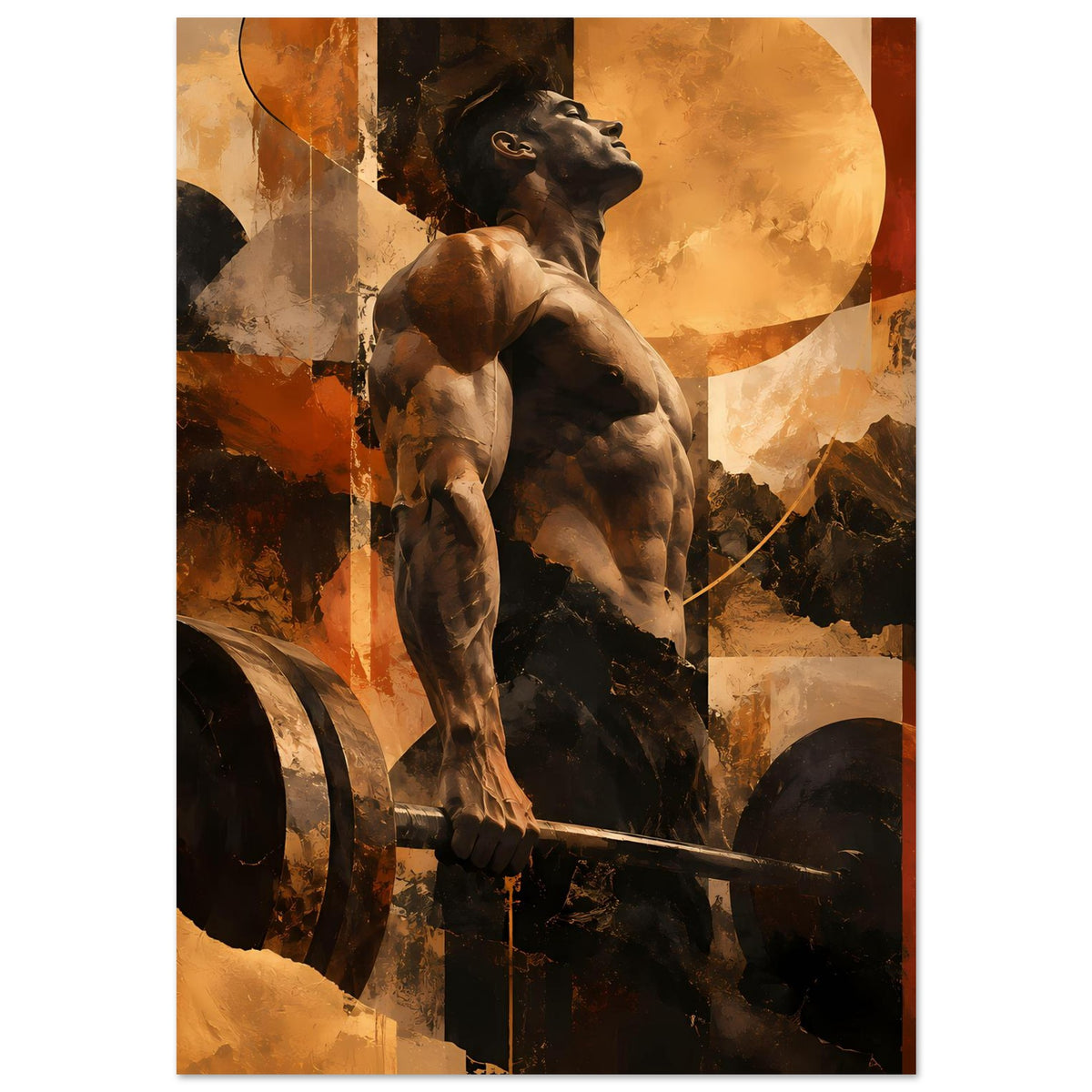 Vertikales Fitness-Artposter: muskulöser Hund hält ein Schwert, Erdtöne