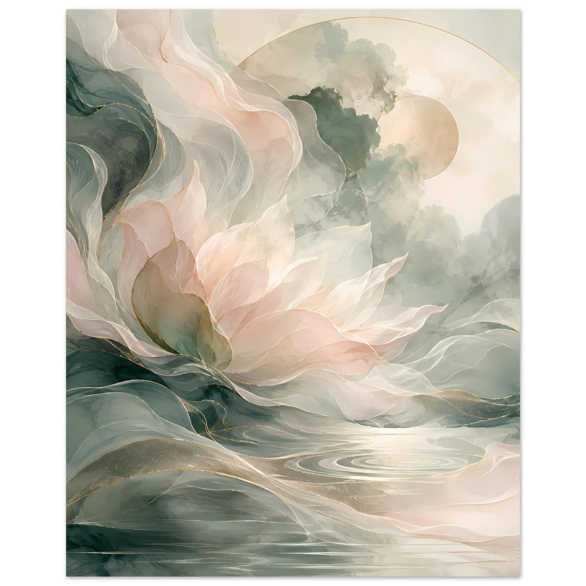 Florales Kunstposter im Hochformat mit pastellfarbener Blüte und grünen Wellenlinien