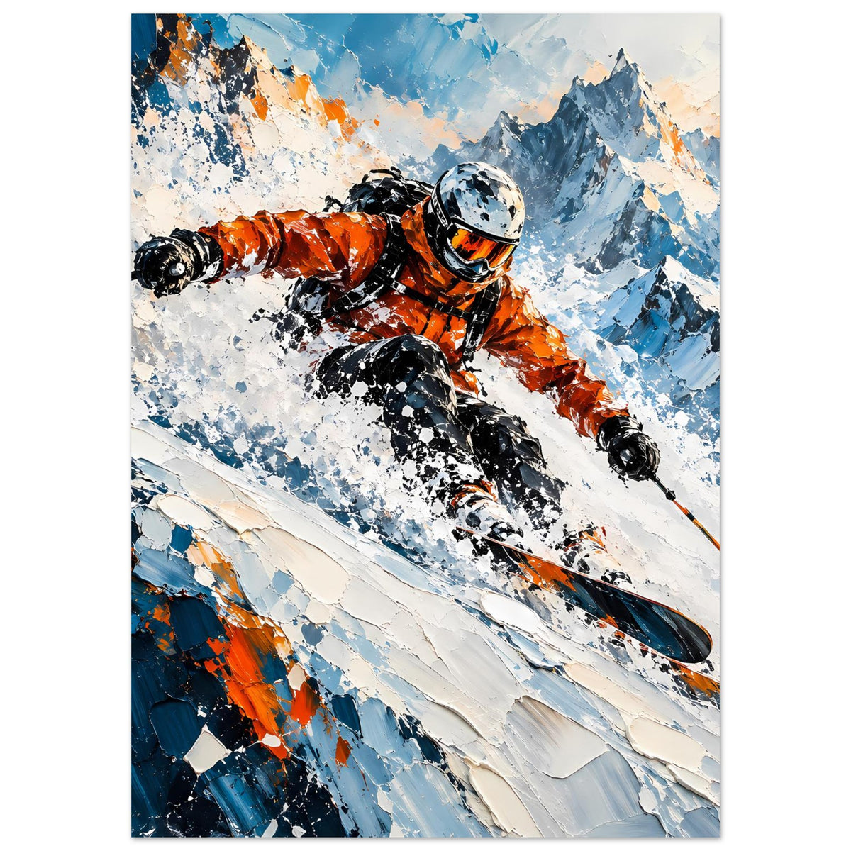 Wintersport-Poster: Skifahrer in orangefarbenem Outfit, blaues Terrain, Schnee-SprühEffekt
