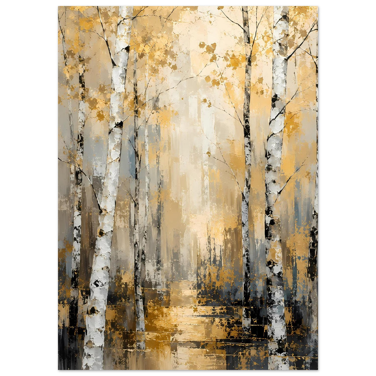 Hochkantposter Birkenwald abstrakt, weiße Stämme mit schwarzen Ästen und goldenen Sprenkeln