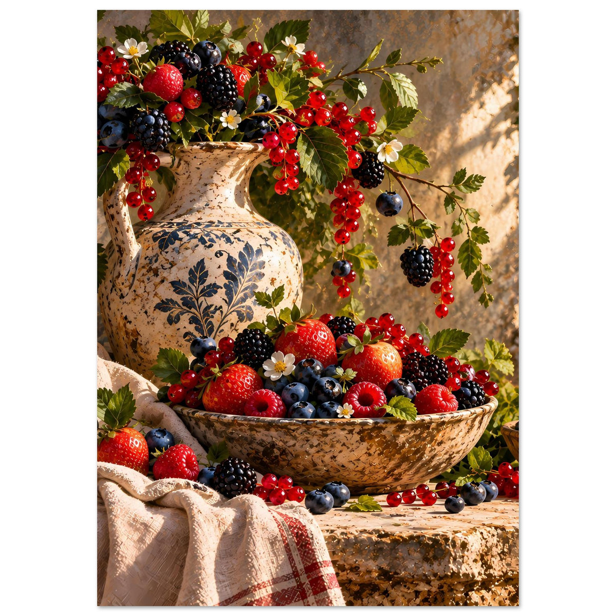 Vertikales Beeren-Stillleben-Poster: Schale voller Beeren, Blumen und bemalter Krug