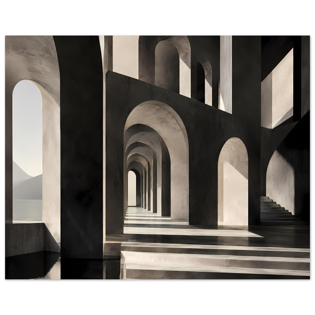 Gerahmtes Architektur-Poster mit schwarz-weißen Bögen und gestaffelten Säulenreihen