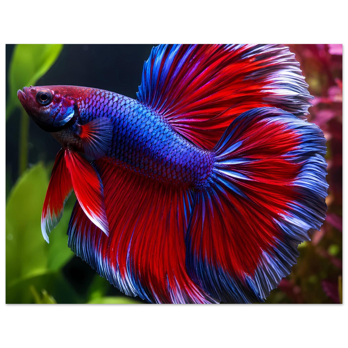 Horizontales Poster mit Betta-Fisch: blauer Körper, rote Flossen, deutliche weiße Kanten.