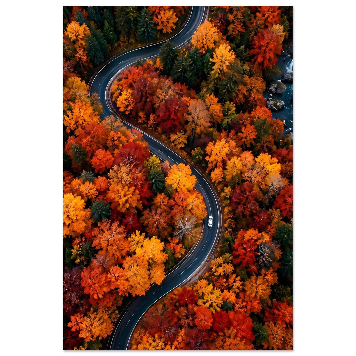 Hochformat-Poster mit geschwungener Straße und buntem Herbstwald, oben rechts Bach