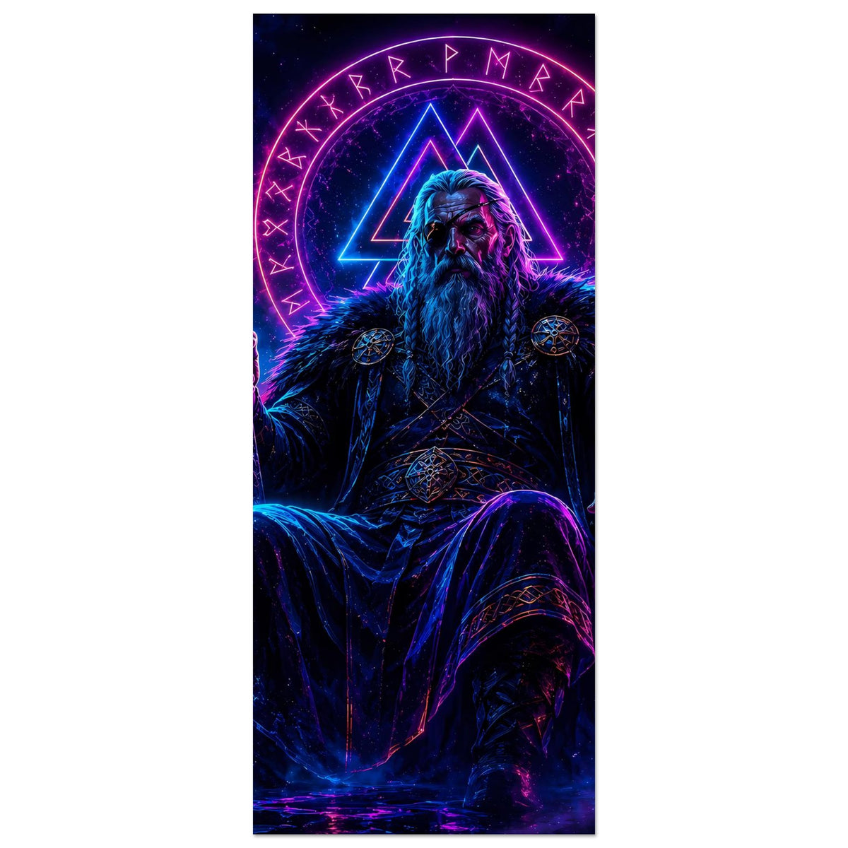 Fantasy-Poster (hochkant): Wikingerkönig mit Bart und Mantel, leuchtender Runenkreis über dem Kopf