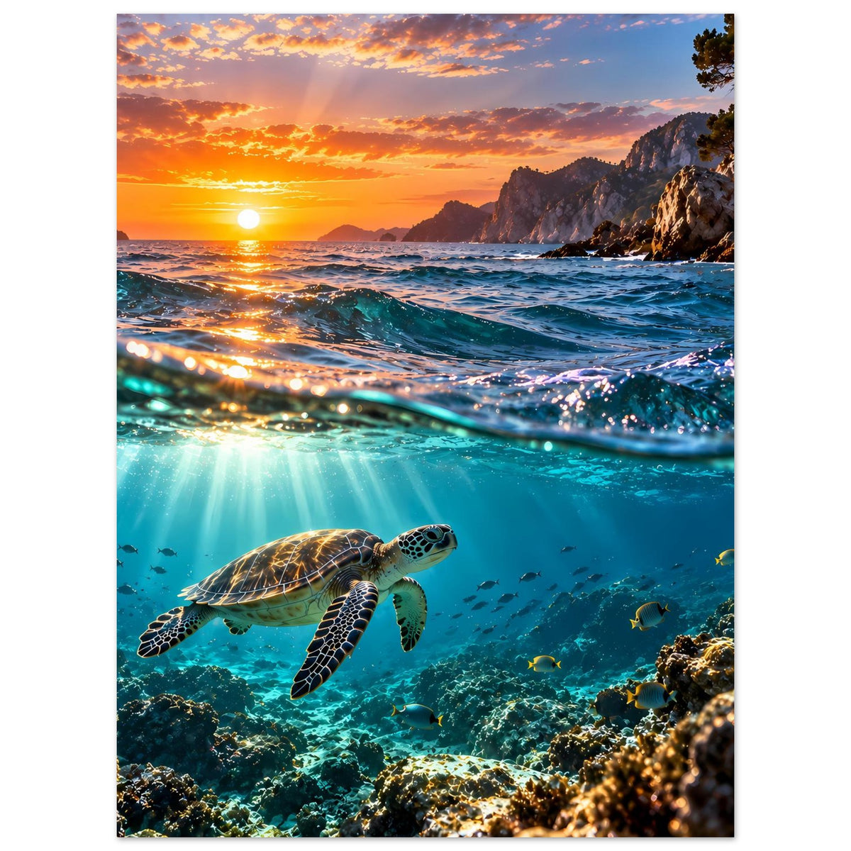 Vertikales Poster mit Meerschildkröte im türkisblauen Meer bei Sonnenuntergang
