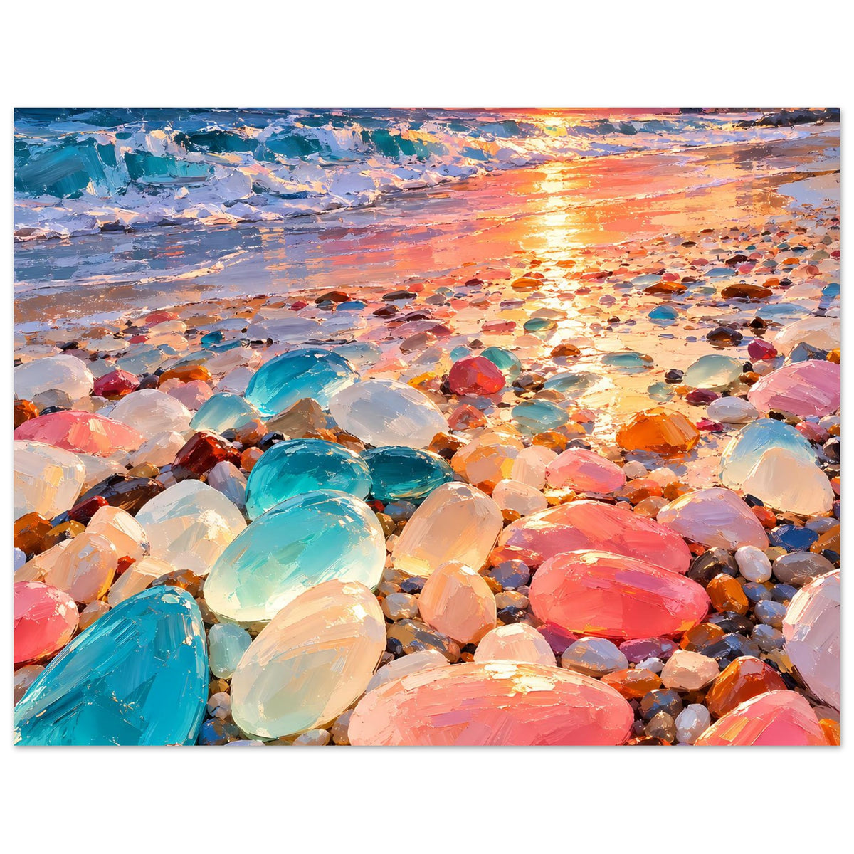 Poster mit Sonnenuntergang über Strand und bunten Glassteinen, horizontale Ansicht