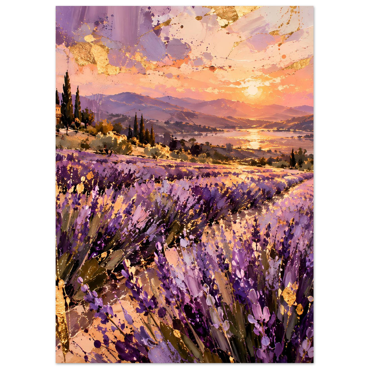 Landschaftsposter: violette Lavendelreihen mit goldenem Licht am Horizont