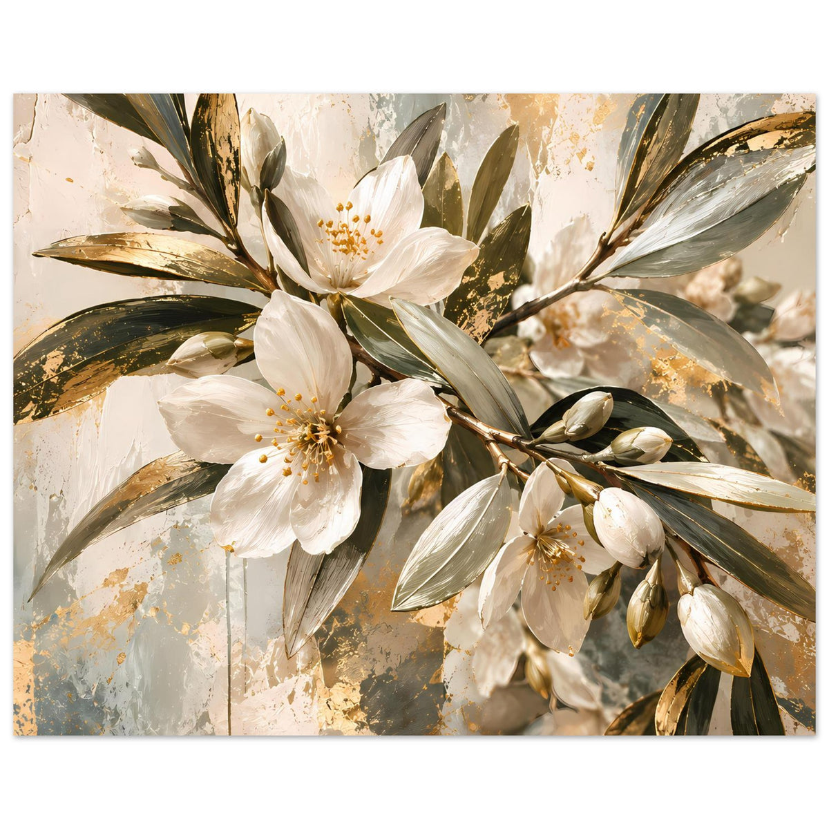 Blumenposter mit weißen Blüten und goldfarbenen Details, umgeben von grünen Blattzweigen.