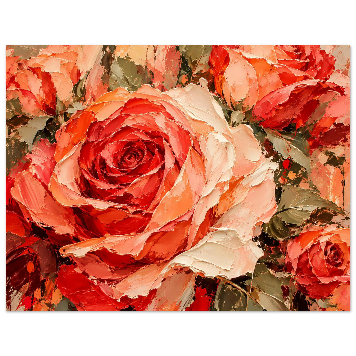 Wandposter im Querformat mit Rosen-Textur: rote Mittelpunktrose, cremefarbene Blätter und Blüten