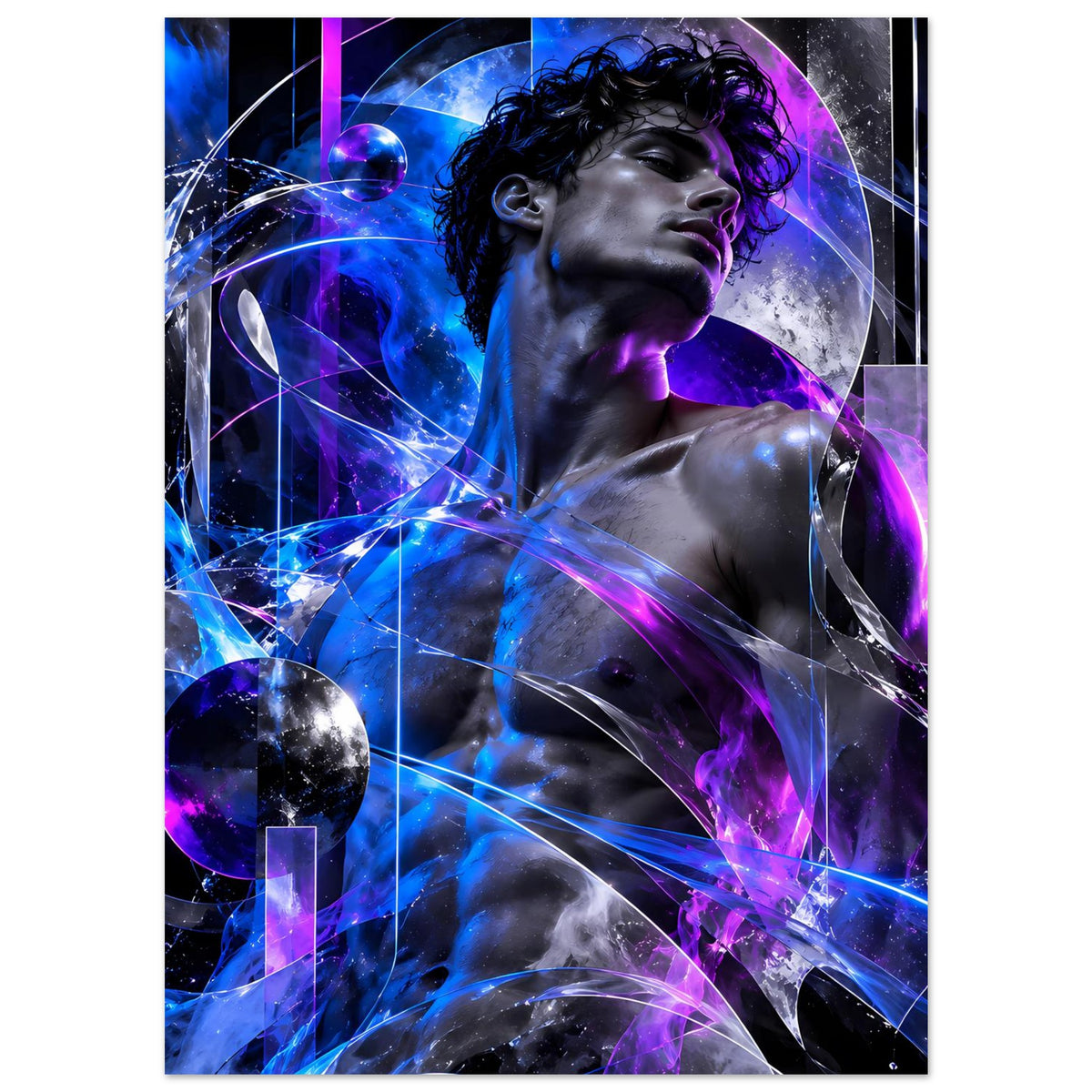 Futuristisches Poster: männlicher Torso mit blau-violettem Energiemuster, schwebenden Kugeln