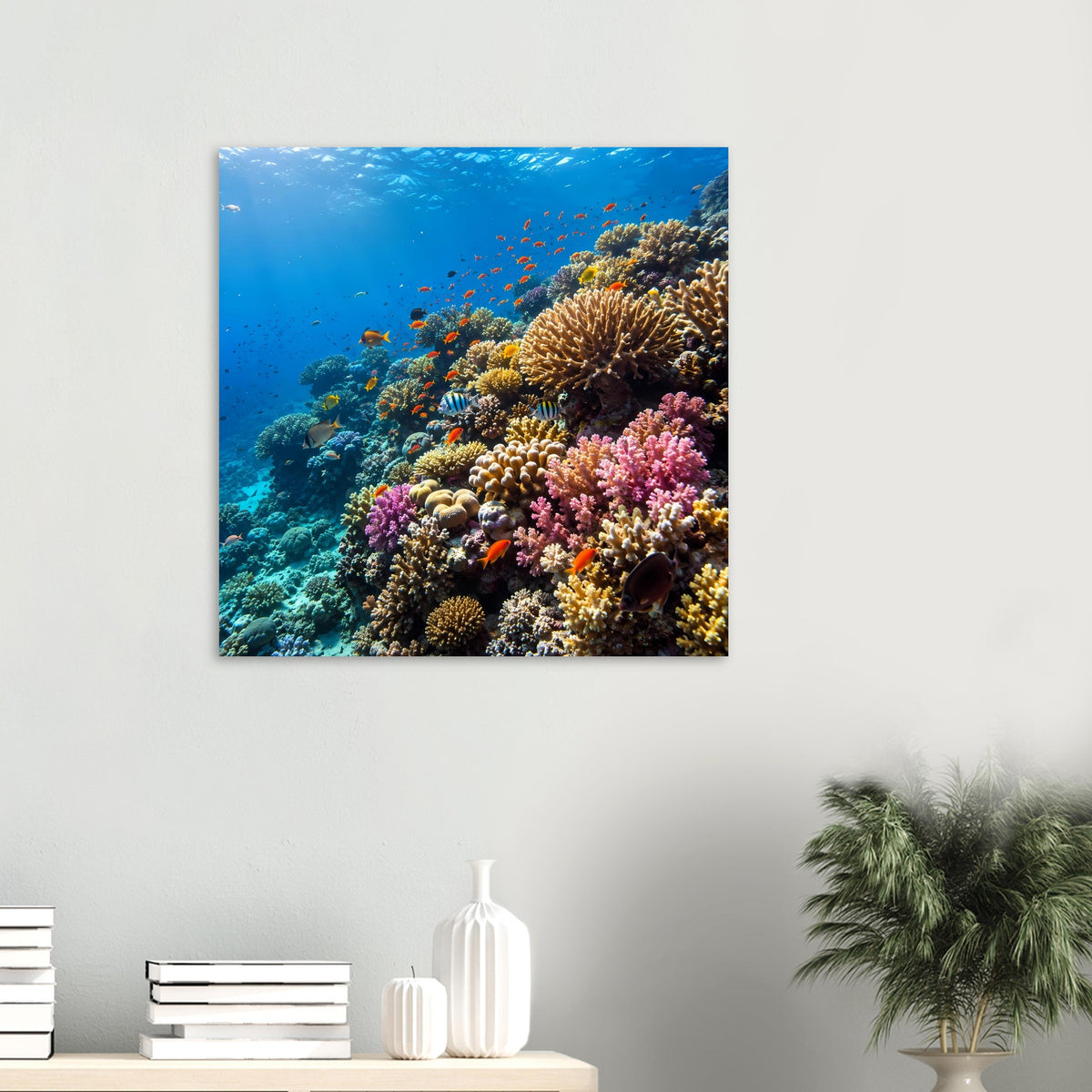 Quadratisches Korallenriff-Poster mit bunten Korallen und tropischen Fischen