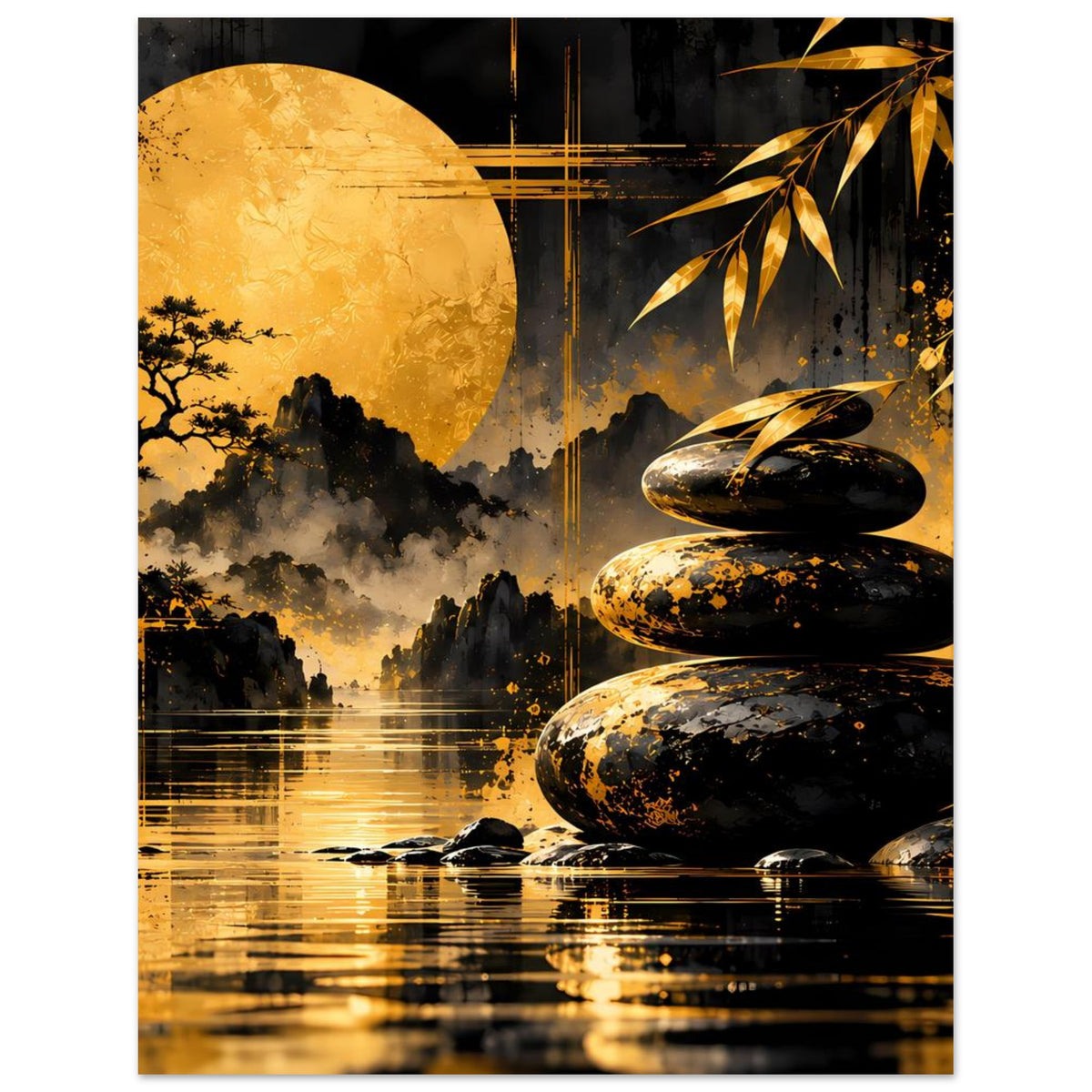 Kunstposter, vertikal: goldener Mond, schwarze Nebellandschaft, Zen-Steine und goldene Reflexe