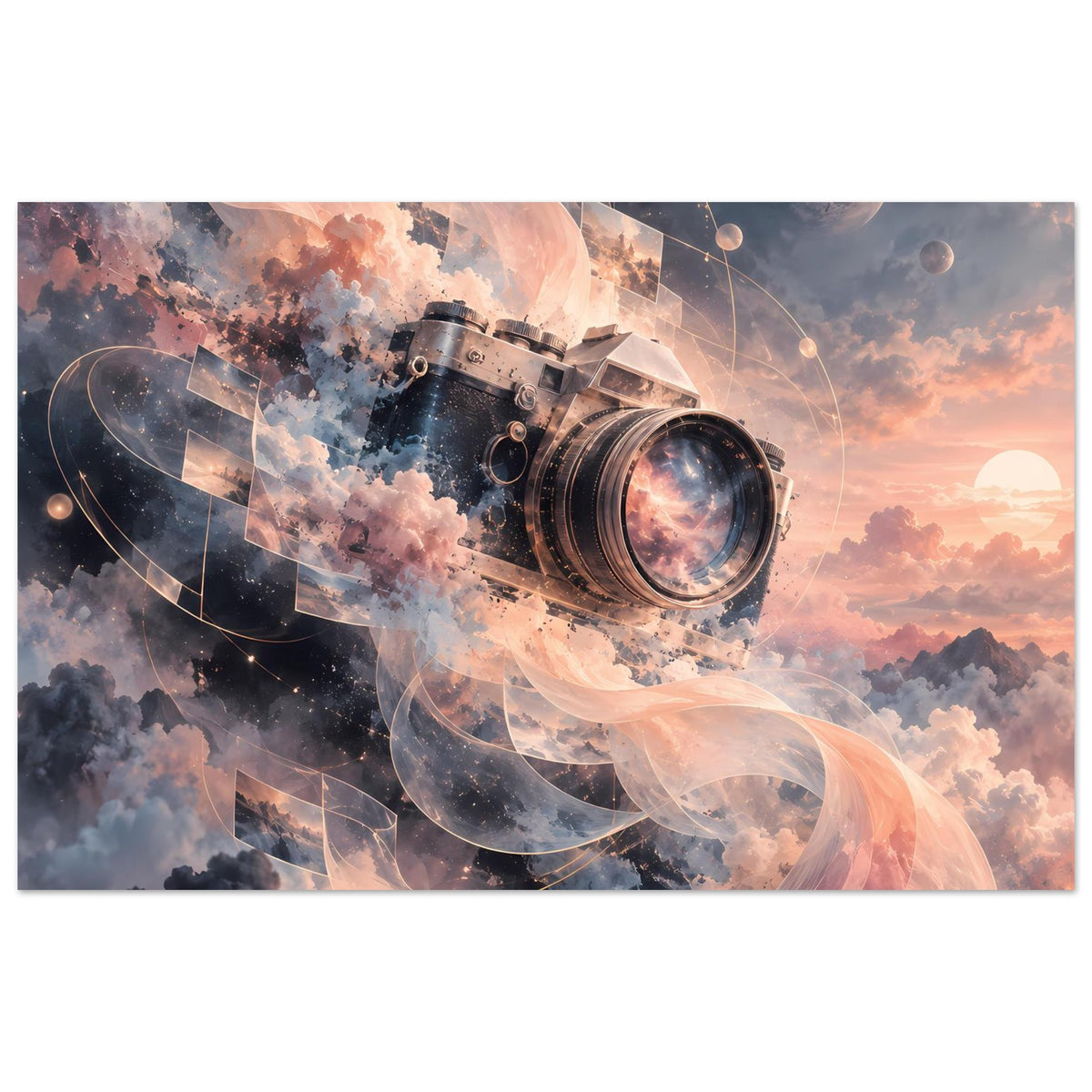 Kamera-Poster Querformat: surreale Kamera zwischen Wolken, warmes Orange und Blau