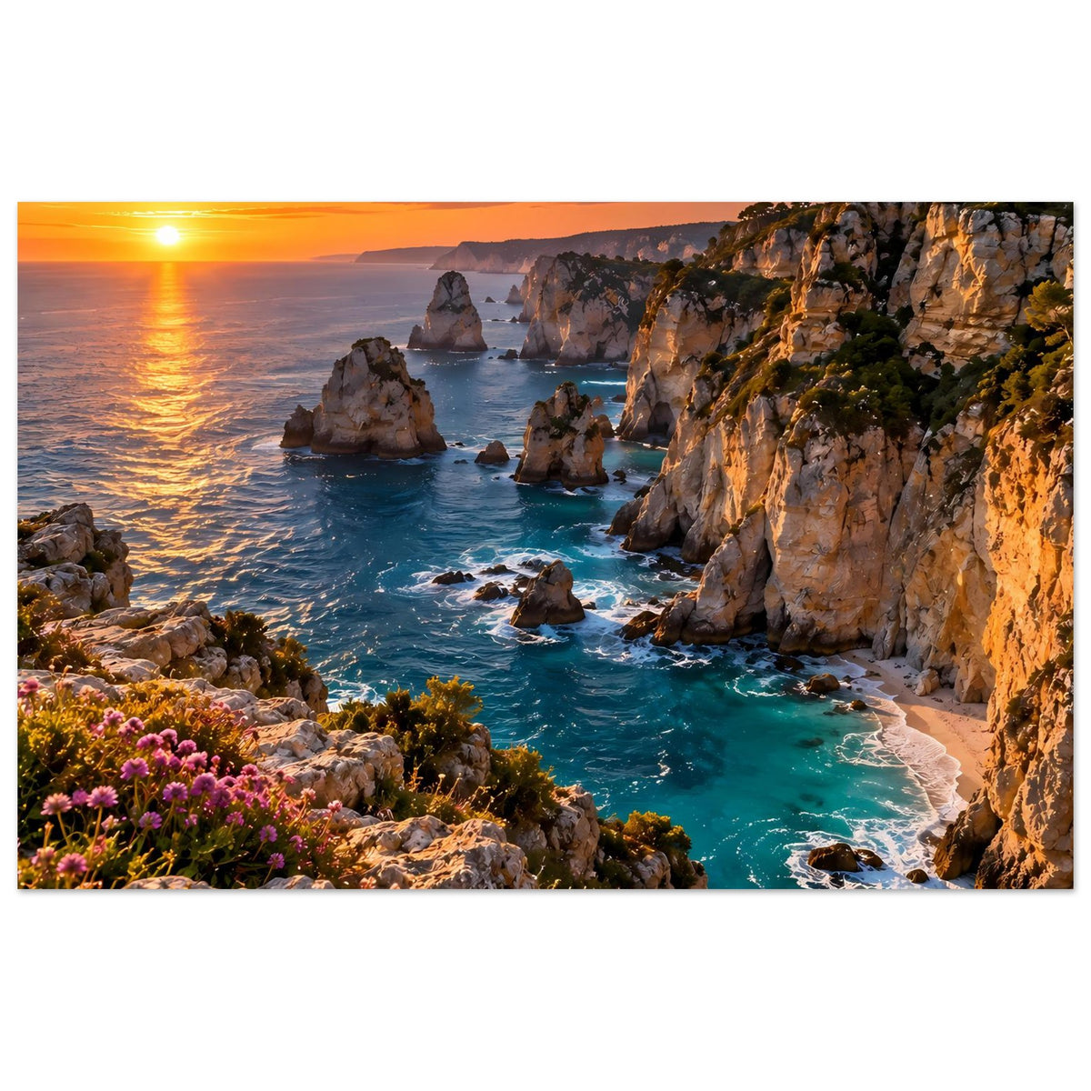 Horizontales Küstenposter mit Sonnenuntergang, türkisfarbenem Meer und Felsklippen