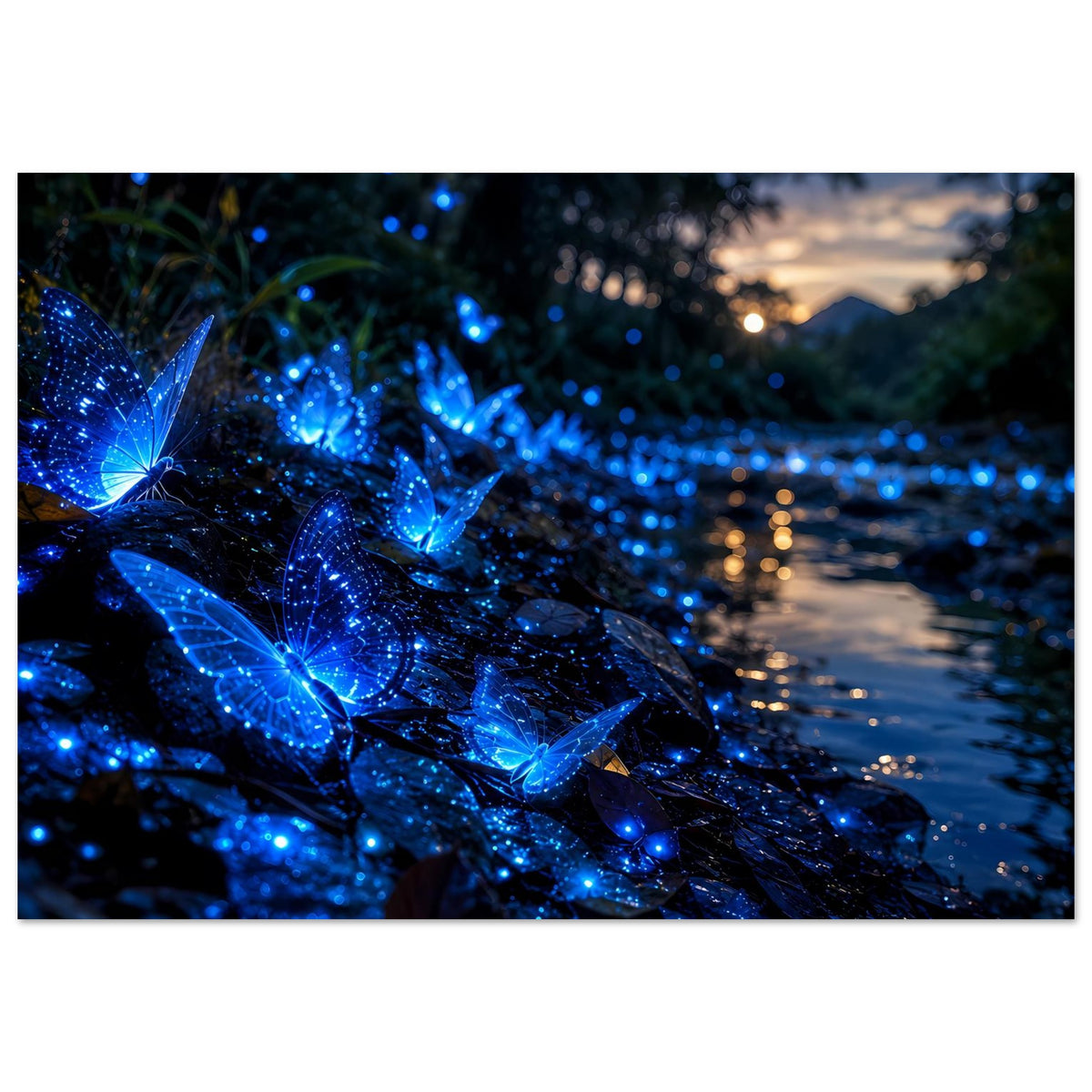 Poster mit blauen leuchtenden Schmetterlingen und funkelnden Lichtpunkten im Bild
