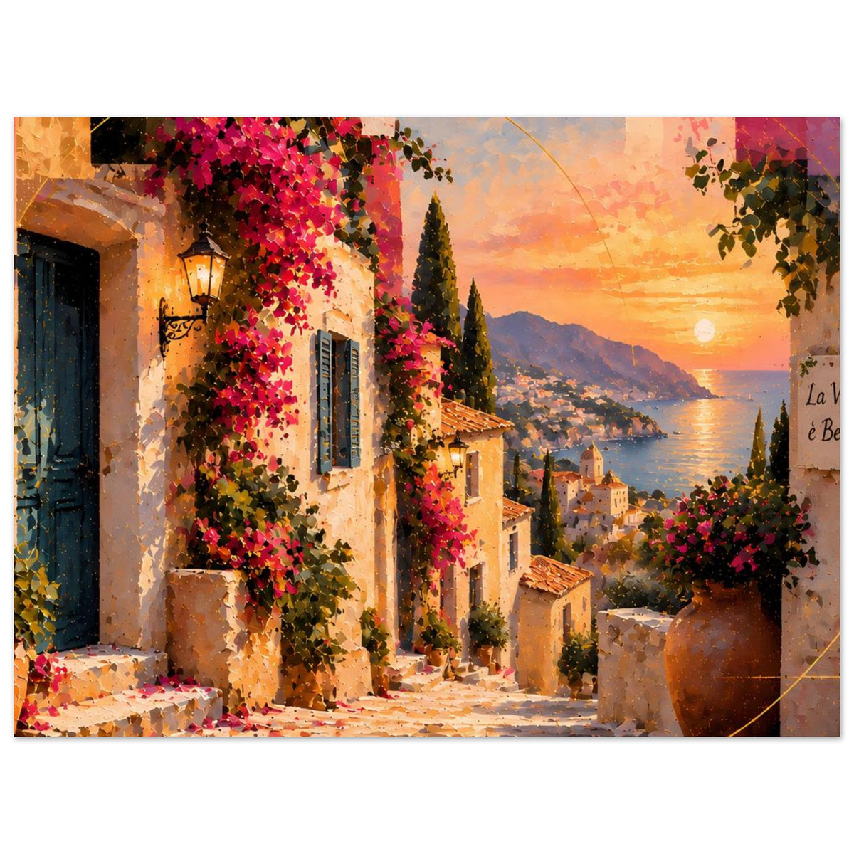 Horizontales Poster mit mediterraner Gasse, blühenden Reben und Sonnenuntergang am Meer
