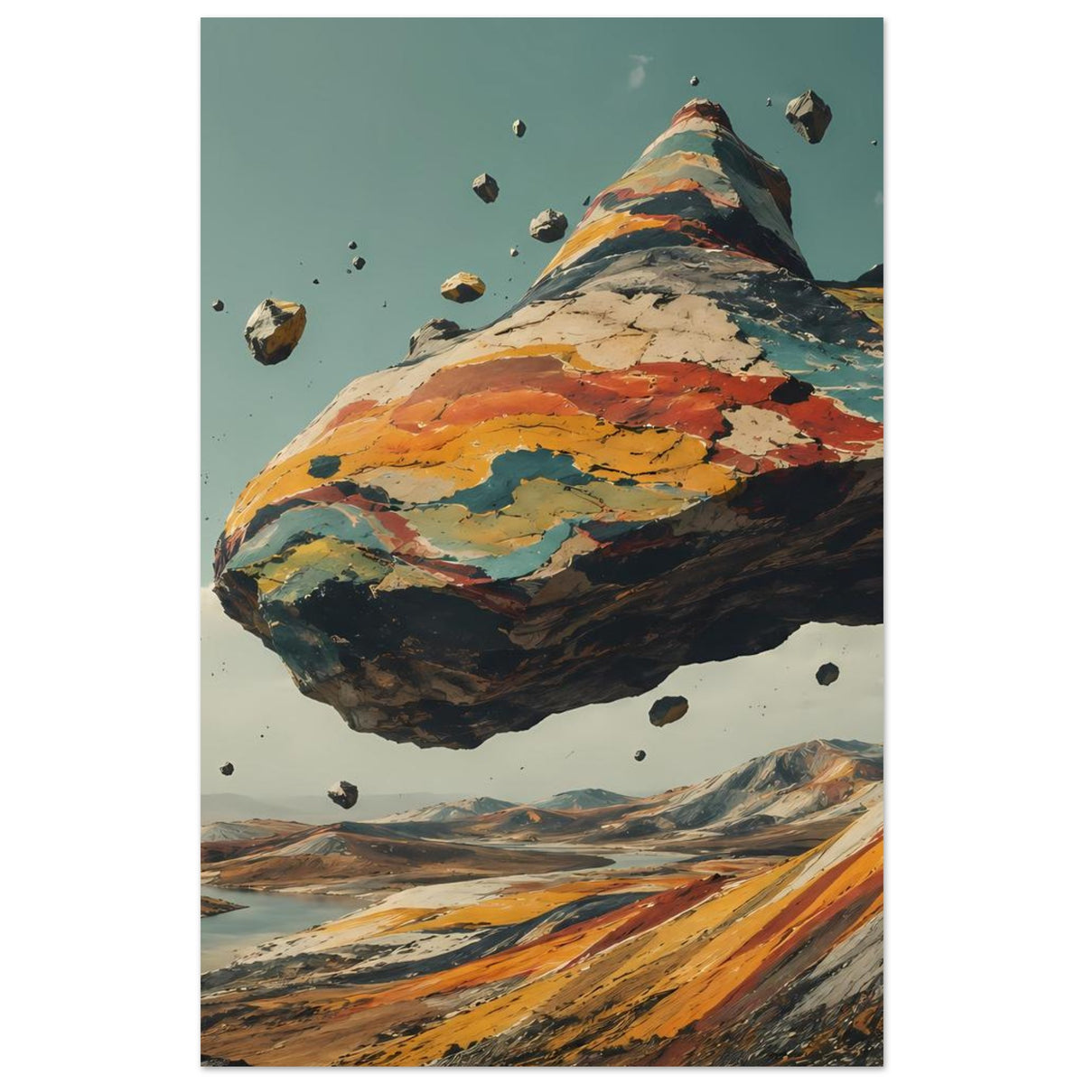 Wandposter im Hochformat mit schwebendem Berg, erdfarbener Gestaltung und fliegenden Steinen