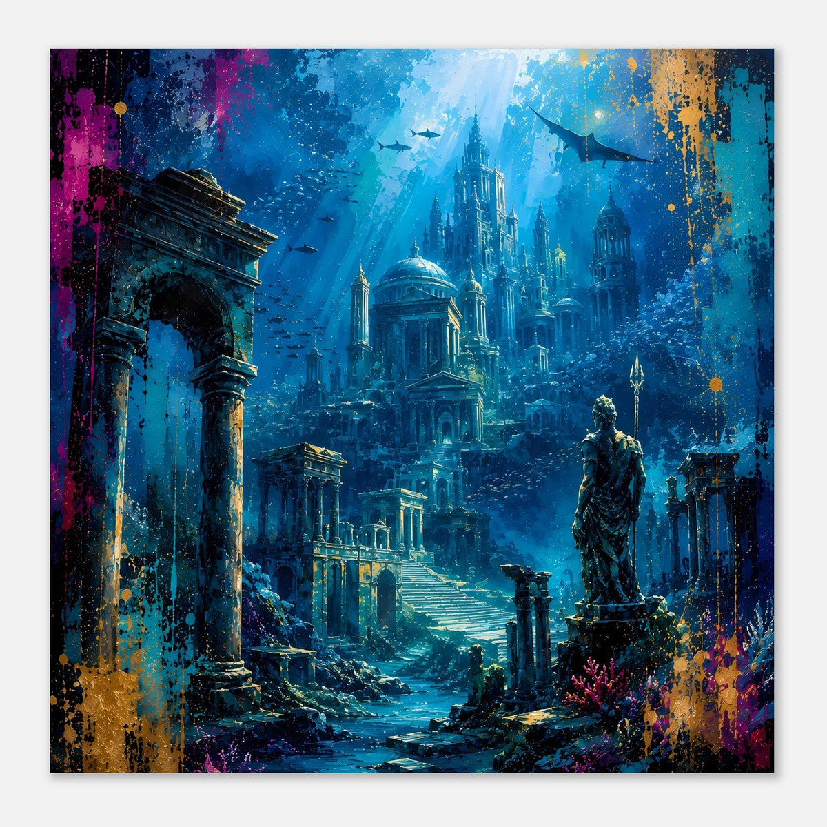 Poster mit Unterwasserstadt Atlantis, Gebäude und Säulen, Statue im Vordergrund