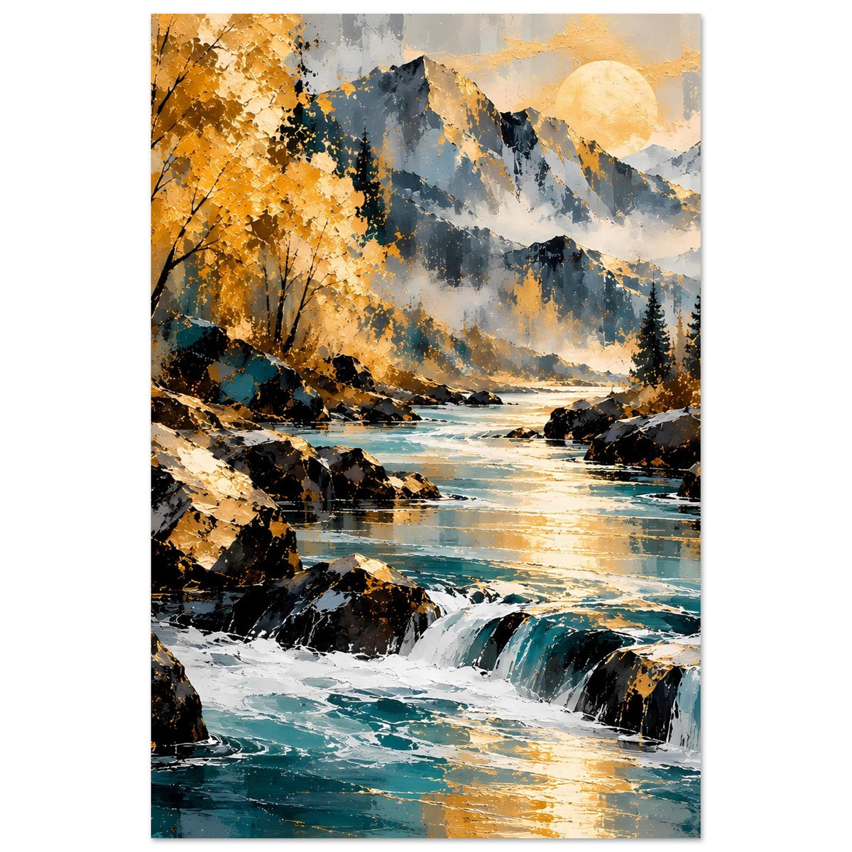 Herbstlandschaft-Poster mit ruhigem Fluss, Wasserfällen, gelben Blättern und Bergkamm