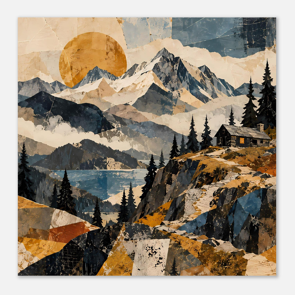 Naturposter im Querformat mit Bergpanorama, Tannenwald, See und Hütte, abstrakt und farbig