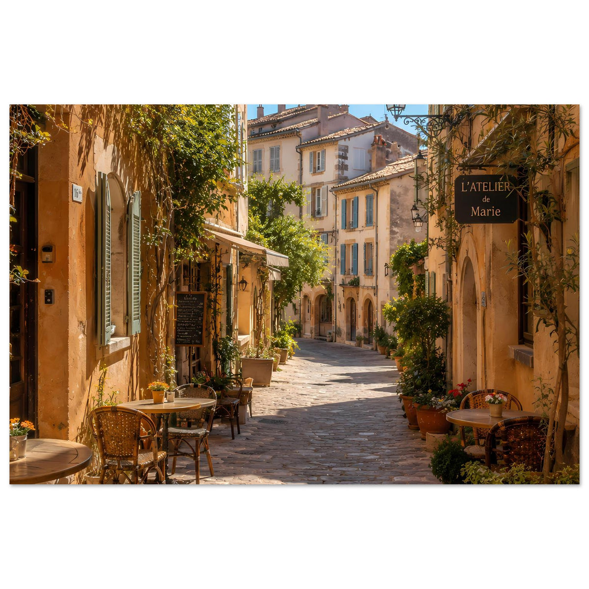 Poster mit mediterraner Altstadtgasse, Töpfen, Bistrotisch und Prachtfassaden