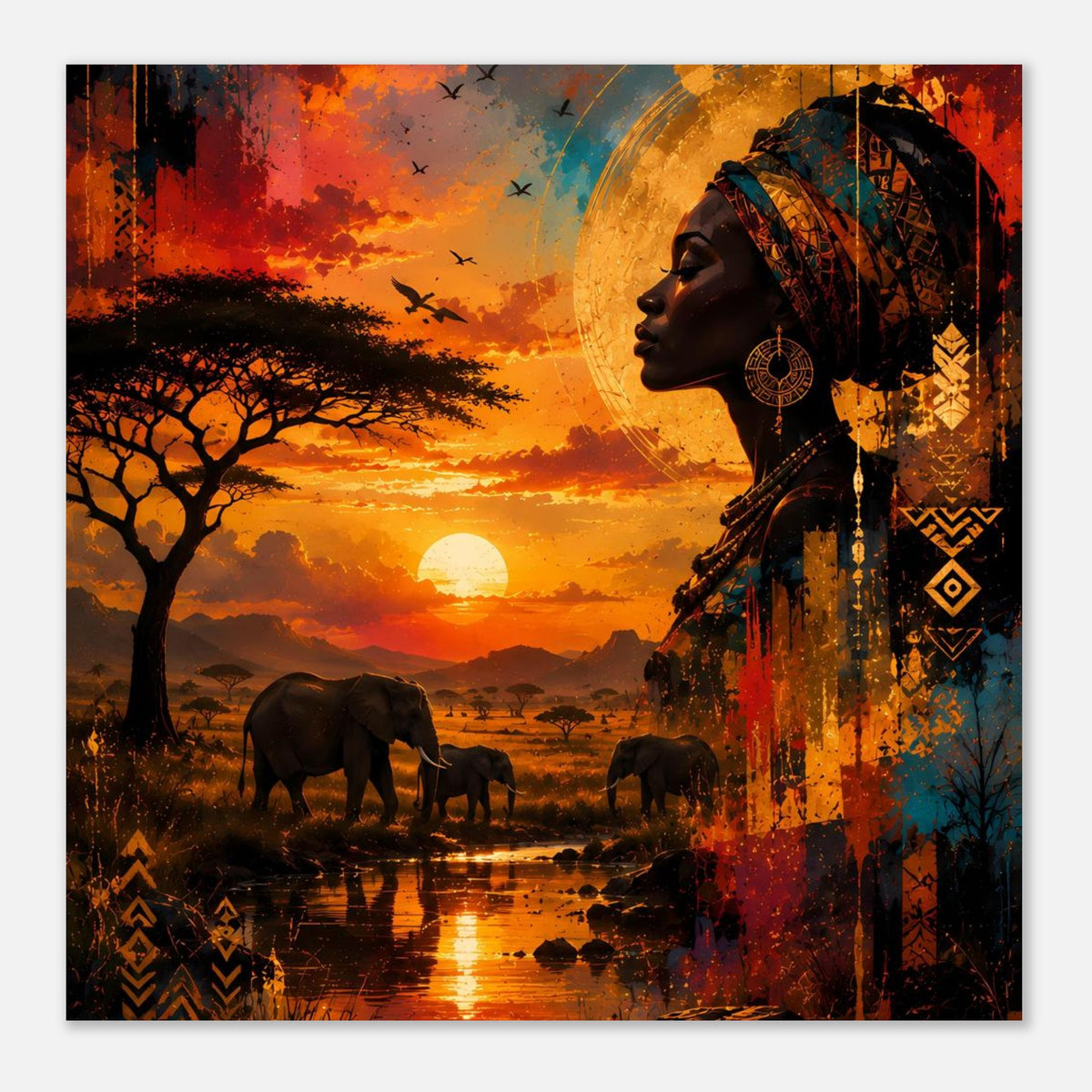 Quadratisches Poster mit Profil einer afrikanischen Frau, Savanne und Sonne im Sonnenuntergang