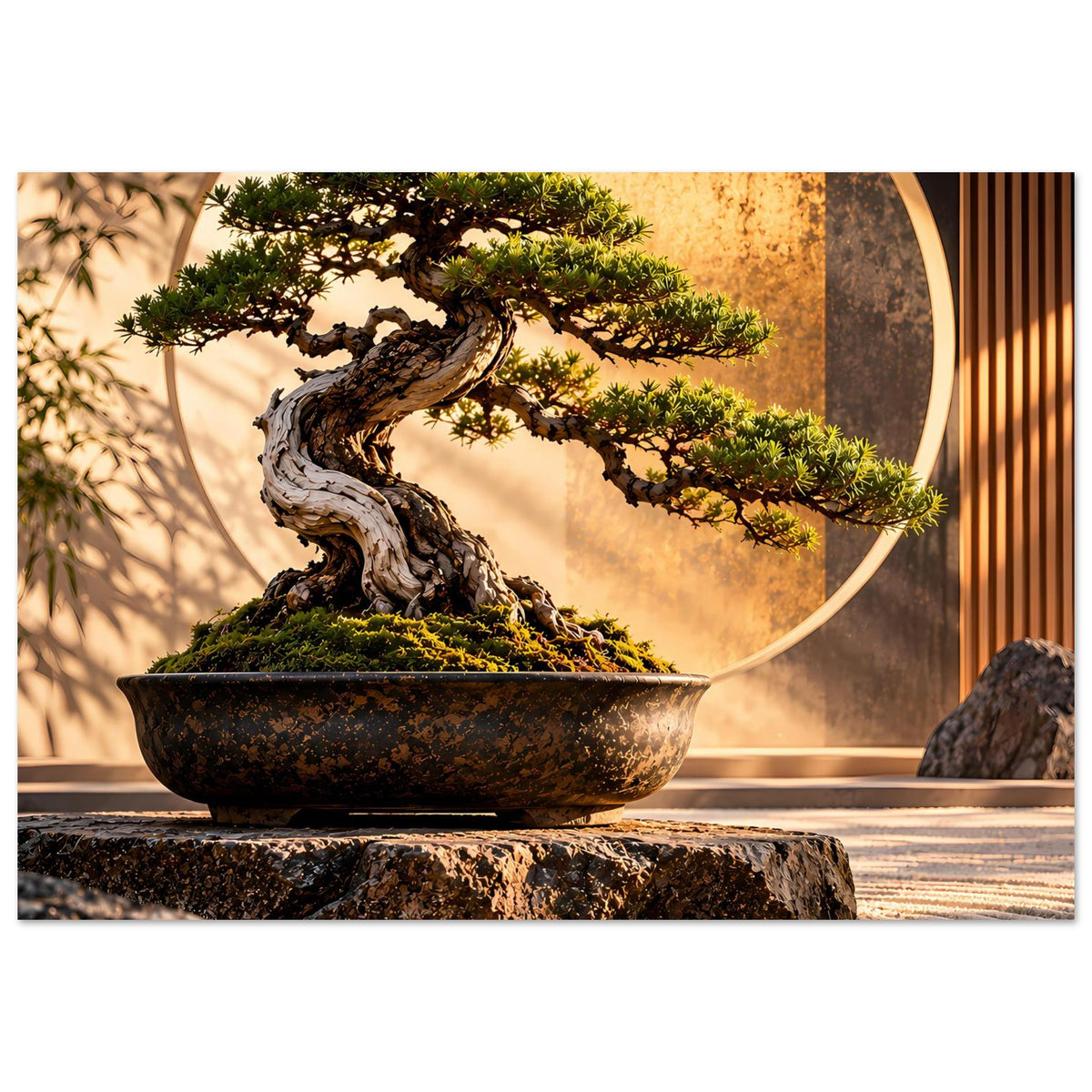 Poster mit Bonsai im Keramikschale-Arrangement, sichtbarem kreisförmigem Rahmen im Design