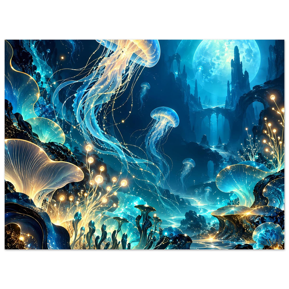 Unterwasserwelt-Poster mit leuchtender Qualle, blauem Meeresgrund, goldenen Glühlichtern