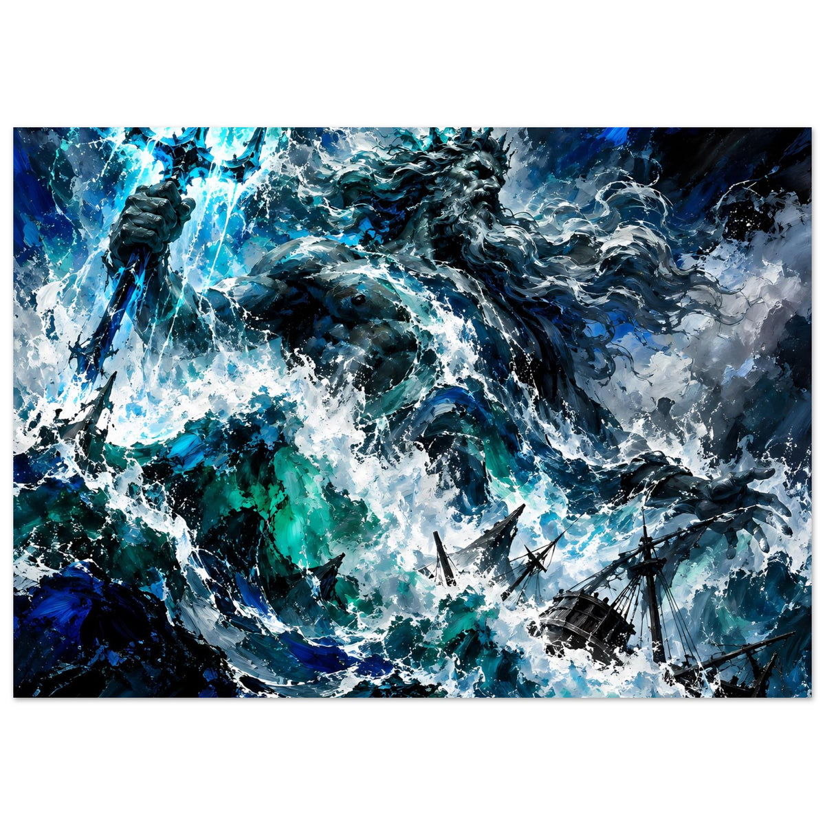 Wandposter Meeresturm: Poseidon auf dem Wasser, kräftige Blau- und Grüntöne im Bild