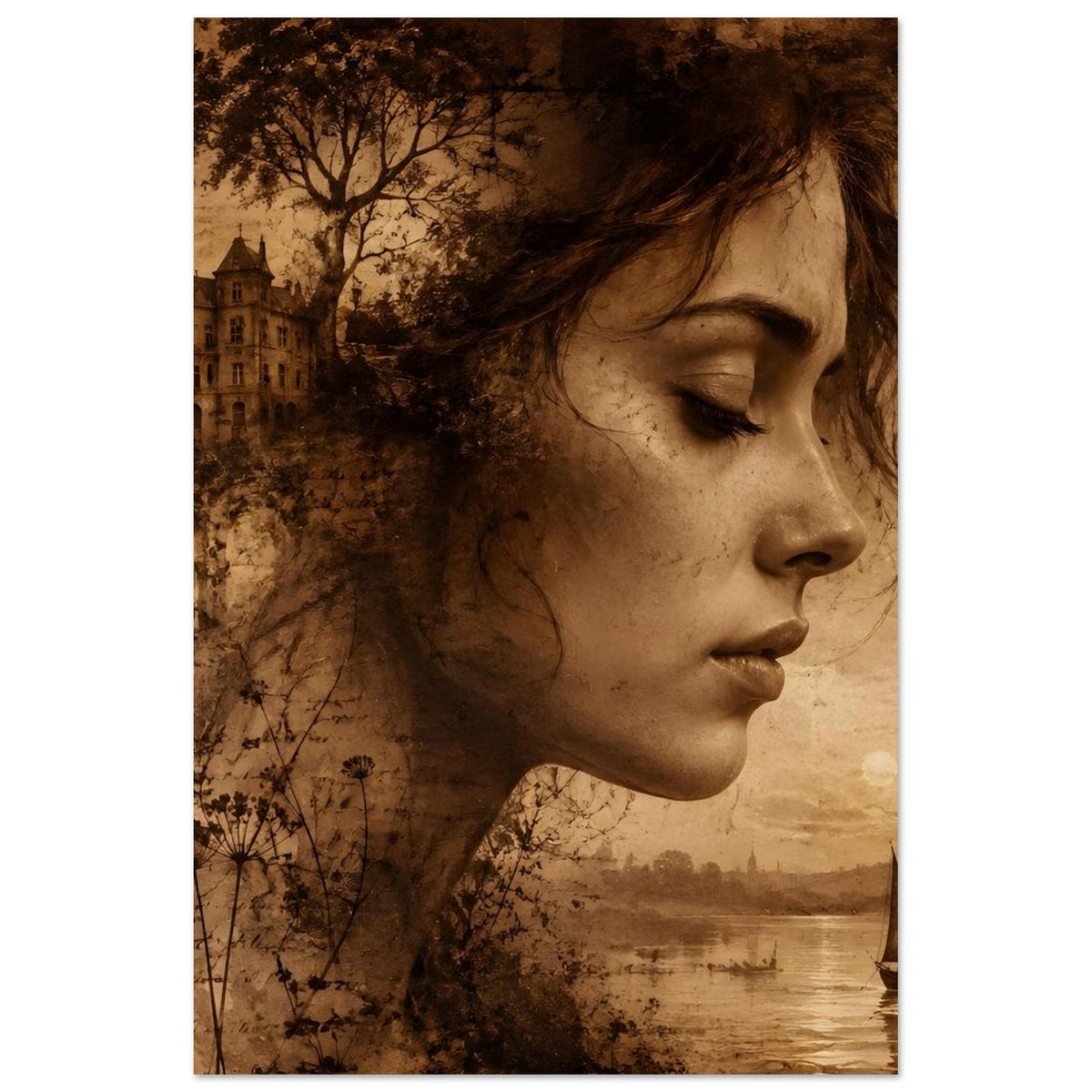 Sepia Poster mit Frauenprofil, dichter Silhouetten-Textur, Uferlandschaft und Schiffsboot