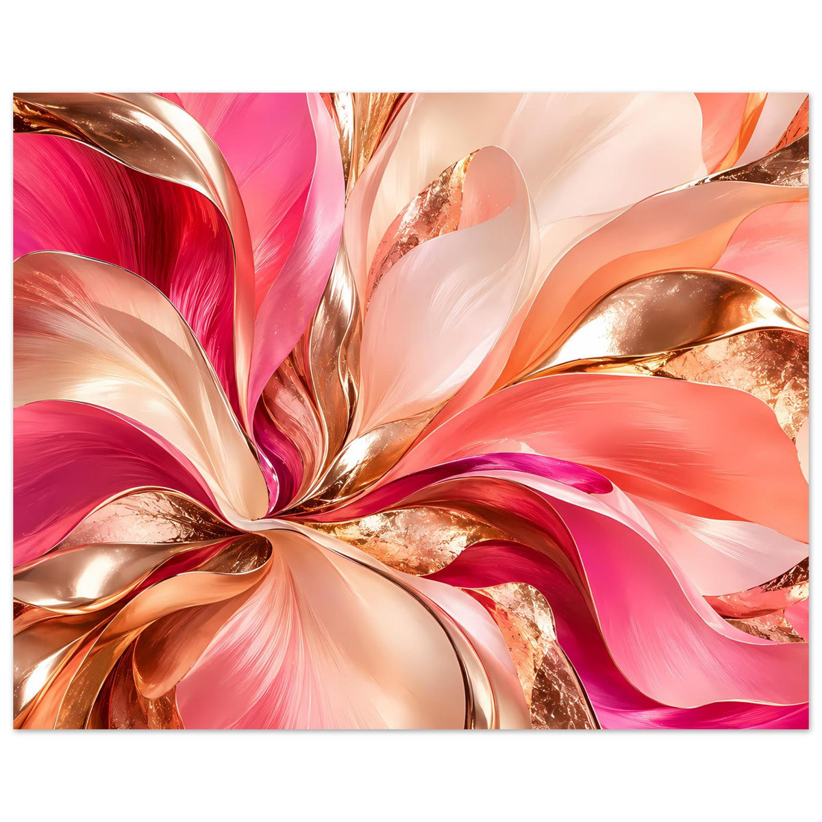 Abstraktes Blumenposter im Querformat: pinke Blütenwirbel mit goldenen Linien, gerahmt.