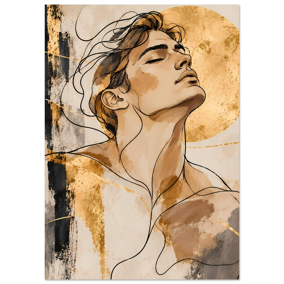 Hochformat-Poster mit stilisiertem Frauenportrait, beige-goldener Hintergrund und schwarze Linien