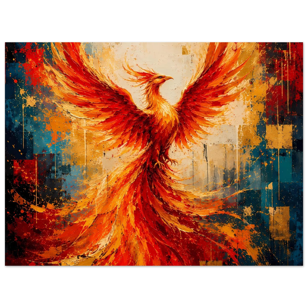 Phönix-Poster mit leuchtend roten Flügeln, weißem Gesicht und blau-gelbem Sprenkelmuster