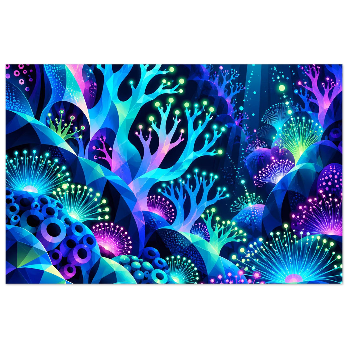 Unterwasser-Neonposter mit leuchtenden Korallen, Fischschwärmen und bunten Lichtpunkten