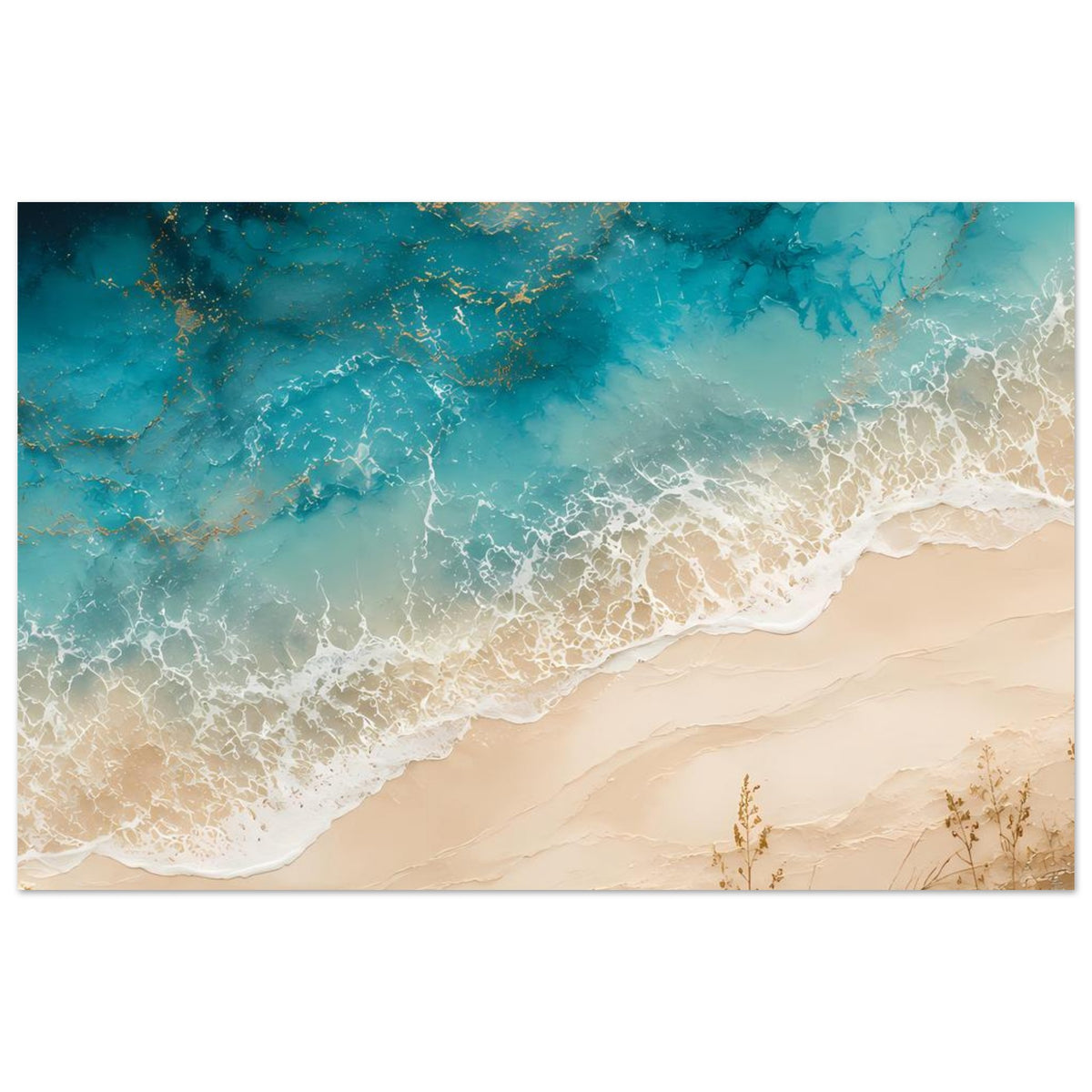 Strandposter horizontal: türkisblaues Wasser, weiße Wellen und beiger Sand im Küstenbereich