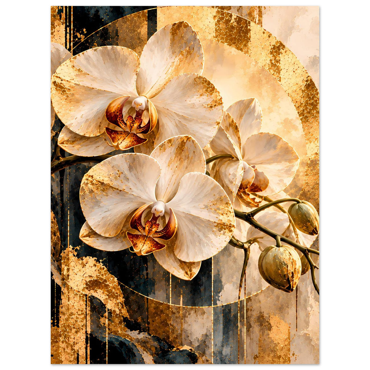 Orchideen-Kunstposter mit cremefarbenen Blüten und goldenen Spritzmustern, stilisierte Äste